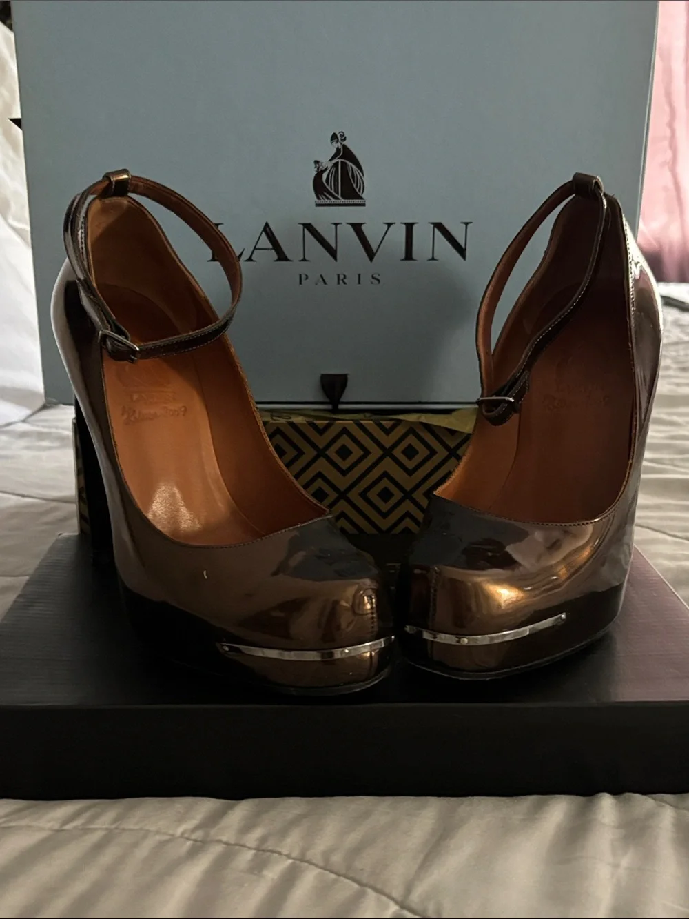 Lanvin Bronze Ankle Strap Pump w/original box, wrapping and 2 Cream Dust Bags